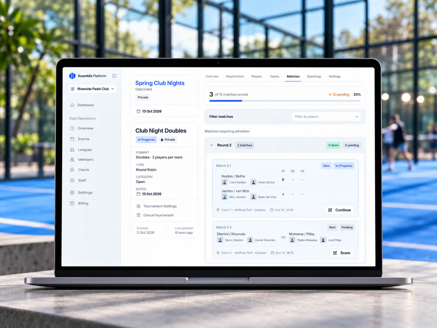 The ScoreMix organiser Matches page for a doubles round robin, showing scoring progress, the current round, courts, match times and live set scores.