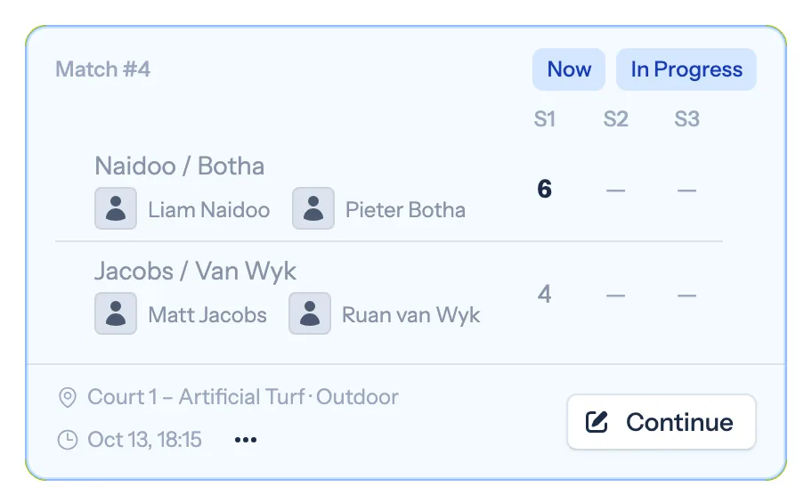 The ScoreMix organiser Matches page for a doubles round robin, showing scoring progress, the current round, courts, match times and live set scores.
